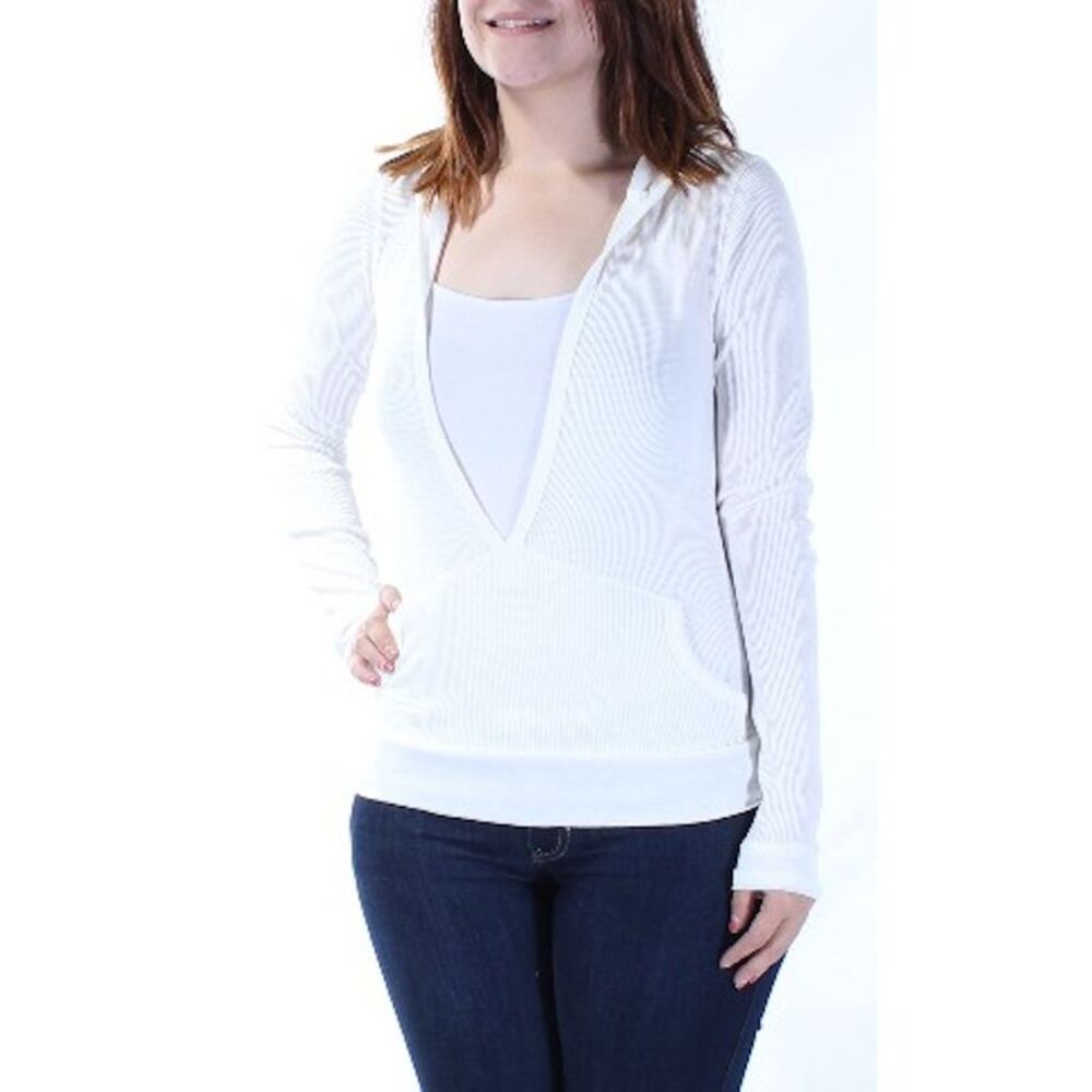 COLOR STORY Womens Ivory Hooded Long Sleeve V Neck Blouse Size: S